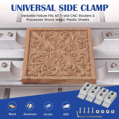 4 Piece CNC Low Profile Side Clamps Set for Milling and Engraving Machines, Beefed-Up Aluminum Lateral Edge Vise Set, Heavy-Duty 60kN Workholding Fixture for T-Slot and Perforated Tables, 3.14 by 1.14 Inch, CNC side clamp set holding carved wood panel