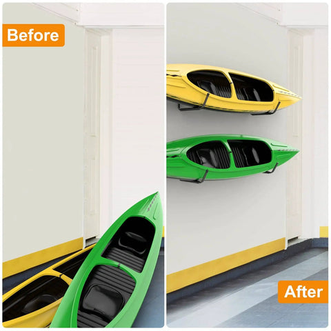 Before and after using Lightweight Kayak Storage Rack With Wall Mount Hooks For Garage Organization Perfect For Kayaks Paddle Boards Surfboards Canoes Snowboards Ladders And More Space Saver Includes Four Hooks And Fasteners, showing kayaks mounted on wall.