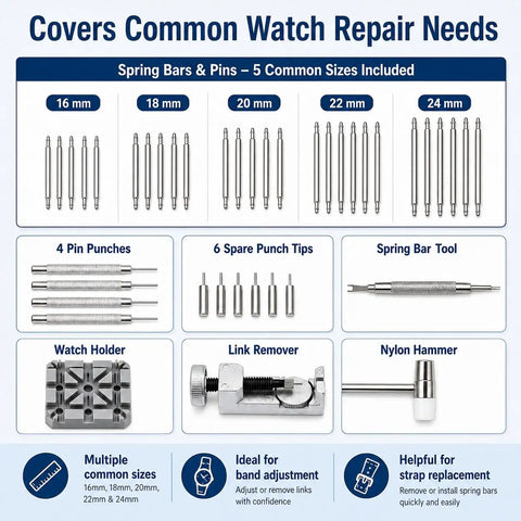 59-Piece Easy-To-Use Watch Repair Kit For Newbies With Link Removal and Band Tools overview image with pins and tools