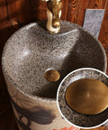 Modern Handmade Vessel Sink For Bathroom Vanity Bundle Includes Faucet And Drain With Installation Hole And Overflow For No Sweat Install Indoors Or Outdoors Daily, close-up view of bronze faucet and drain.
