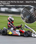 Racing go-kart on track with close-up of #35 chain master link, ideal for sports utility vehicles.