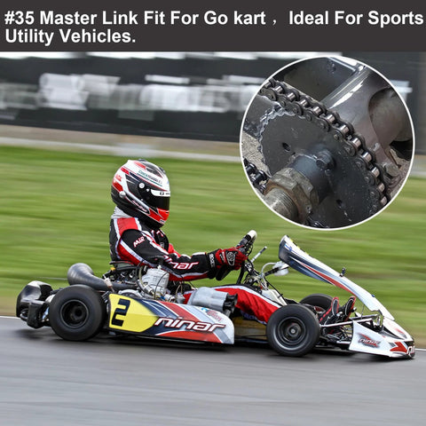 Racing go-kart on track with close-up of #35 chain master link, ideal for sports utility vehicles.