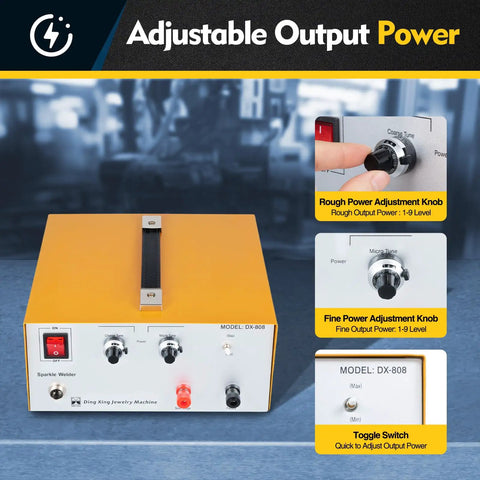 80A Portable Jewelry Spot Welder Kit With Pedal Switch Electric Pulse Welder featuring adjustable output power knobs and toggle switch.