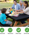 Group dining on all weather no fuss picnic table cover set with fitted 6 foot bench covers waterproof tablecloth for outdoor camping and RV life includes 1 table cover and 2 bench covers with drawstring storage bag 30 by 72 inches solid black