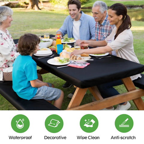 Group dining on all weather no fuss picnic table cover set with fitted 6 foot bench covers waterproof tablecloth for outdoor camping and RV life includes 1 table cover and 2 bench covers with drawstring storage bag 30 by 72 inches solid black