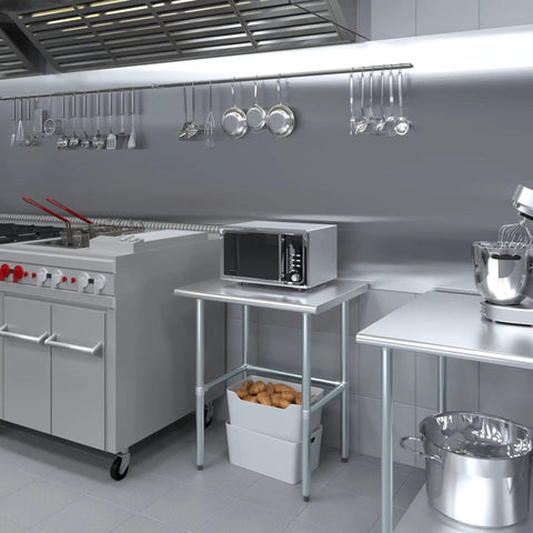 24 Inch By 30 Inch Heavy Duty Stainless Steel Work Table With Open Base For Commercial Kitchens And Garage Workshops, utility station with a microwave.