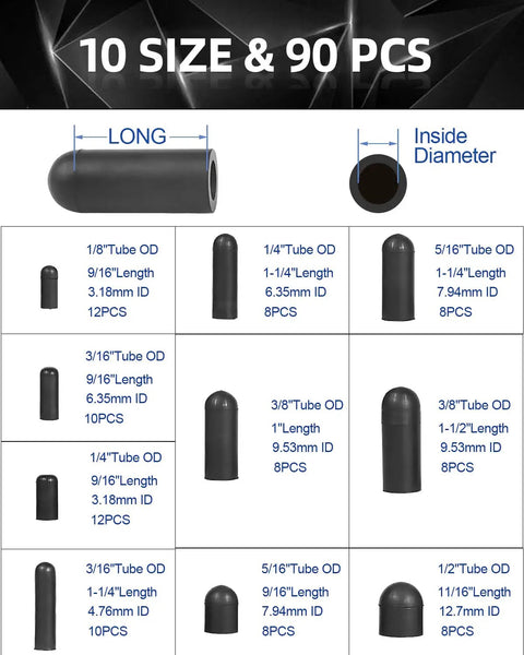 Diagram showing sizes of 90 Piece Rubber Vacuum Cap Kit with ten sizes for car hoses and manifolds vacuum plugs and end caps