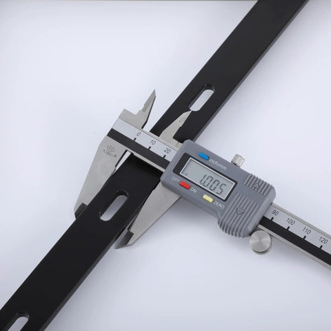 Measuring 24 Inch By 15 Inch Heavy Duty L Bracket Shelf Brackets with caliper, showcasing black steel and precision.