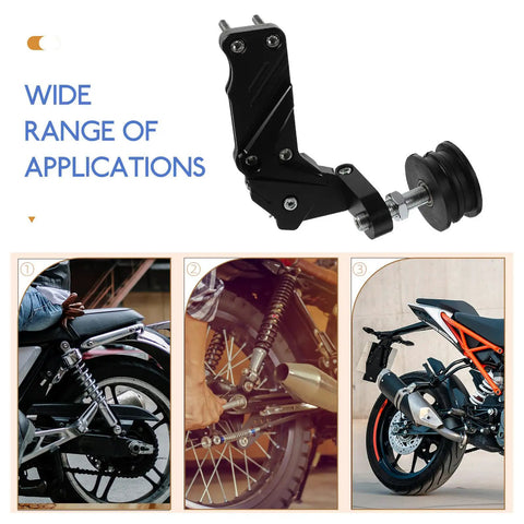 Super Smooth Ride With This Heavy Duty Motorcycle Chain Tensioner Kit Featuring Durable Aluminum Alloy Roller Guide Designed For Safe And Effortless Riding On Your Bike Today. Black aluminum alloy motorcycle chain tensioner kit with roller guide, shown on rear wheel