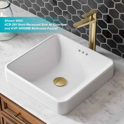 Brushed Gold Pop Up Drain With Overflow for Bathroom Sinks, All Metal Construction in semi-recessed white sink installation