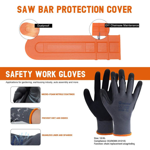 Saw bar protection cover and safety work gloves, part of the 20 Inch Chainsaw Bar And Chain Combo With 3/8 Pitch And.050 Gauge, 72 Drive Links, Replacement Kit For Rancher 455 And 460 Models, Compatible With 200SFHK095, 584818, 584271.