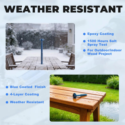 Pocket Hole Screws Assortment Kit 880 Pieces Size 8 Coarse Thread Zinc And Blue Coated on outdoor table in snow and rain