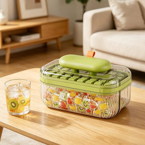 Go To Press Type Cold Block Mold Nonstick Ice Trays With Secure Lids Easy Release Freeze Tray For Perfect Cocktail Cubes No Sweat Hydration Smooth Cooling Party Ready on a wooden table.
