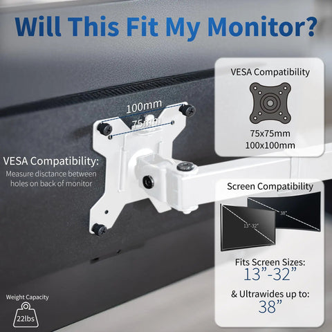 Heavy Hitter Single Monitor Desk Mount With Smooth Tilt And Swivel For Screens Up To 32 Inch Or 38 Inch Ultrawide Displays VESA compatibility details.