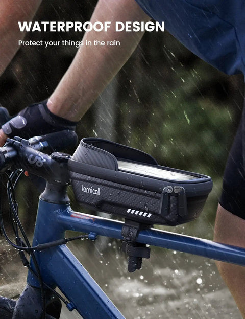 Cyclist using Waterproof Bike Frame Bag With 2 In 1 Phone Mount Top Tube Pouch For Cycling Quick Install Bicycle Phone Holder With Rain Cover Fits Phones Up To 7 Inches Durable Bike Accessory For Road MTB Commuter in rain.