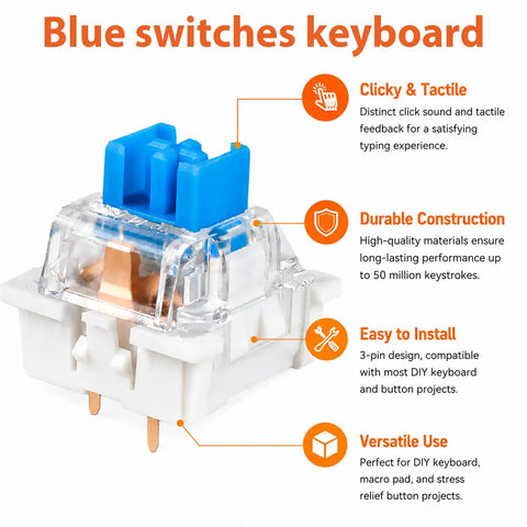 120 Pack Blue MX-Compatible 3-Pin Mechanical Keyboard Switches With Switch Puller, Cleaning Brush, And Cloth Go-To DIY Switch Kit For 3D Prints, Replacements, And Custom Keyboard Builds. Blue MX-compatible 3-pin mechanical keyboard switch, clear housing and blue stem.