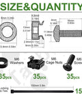 No Sweat M6 X 16Mm Rack Mount Hardware Kit With Square Cage Nuts Server Screws Black Washers And Self Locking Cable Ties size and quantity diagram.