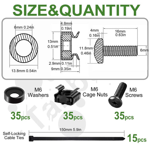 No Sweat M6 X 16Mm Rack Mount Hardware Kit With Square Cage Nuts Server Screws Black Washers And Self Locking Cable Ties size and quantity diagram.