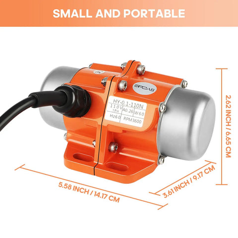 Beefy 60W Concrete Vibration Motor With Aluminum Alloy Case 110V Single Phase 3600RPM IP65 Waterproof shown with dimensions