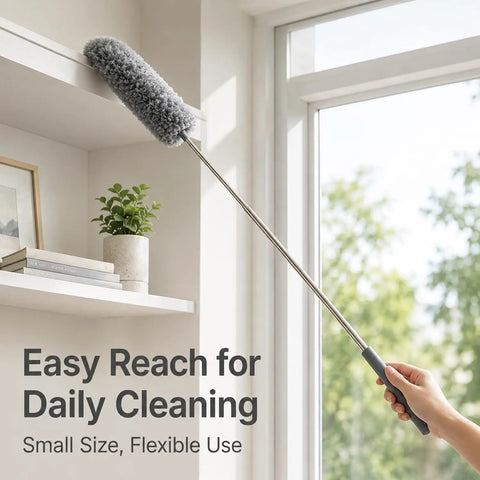 All In One 2 Pack Microfiber Feather Duster Set With Extendable Pole in use cleaning a bookshelf near a window