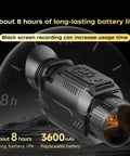 Thermal Imaging Monocular Night Vision Telescope With 64MP 28X Zoom, 4K Video, showcasing battery life and features.