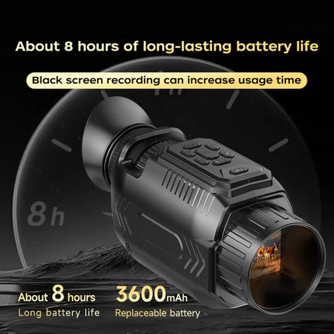 Thermal Imaging Monocular Night Vision Telescope With 64MP 28X Zoom, 4K Video, showcasing battery life and features.