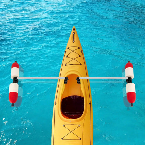 Heavy Duty PVC Outrigger Stabilizer Arms For Boats And Kayaks With Aluminum Brackets Beefed Up Balance For Fishing On Calm Or Choppy Water In Any Conditions on yellow kayak floating on clear blue water