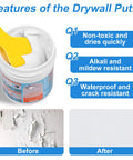Open jar of Heavy Duty Drywall Repair Kit with 8.8 oz white putty and scraper, showcasing non-toxic and crack-resistant features.