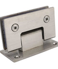 Close-up of heavy duty stainless steel shower door hinges with 90 degree auto close for frameless glass doors 8mm to 12mm.