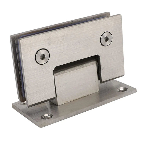 Close-up of heavy duty stainless steel shower door hinges with 90 degree auto close for frameless glass doors 8mm to 12mm.