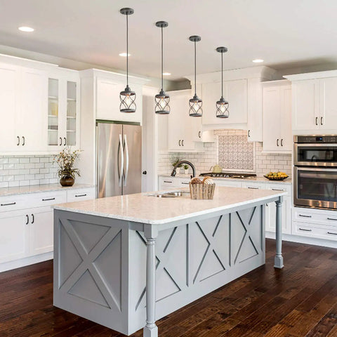 Geometric Silver Brushed Mini Pendant Light for Kitchen Island and Hallway, Rustic Industrial Cage Fixture over island in modern kitchen