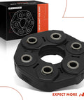 Front view of A-Premium drive shaft flex joint coupling; black circular hub with six metal bushings around a bore.