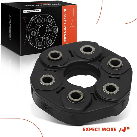 Front view of A-Premium drive shaft flex joint coupling; black circular hub with six metal bushings around a bore.