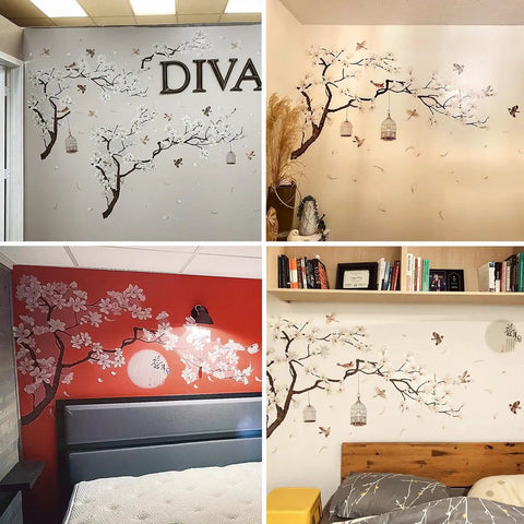 Dope Chinese Style Wall Decal With White Magnolia Blossoms Black Tree Flying Birds And Moon Calligraphy Removable DIY Murals