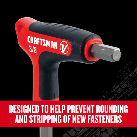 Close-up of V Series Hex Key Allen Set 9 Piece SAE With X Tract Extraction Technology ergonomic T handle with 3/8 inch size.