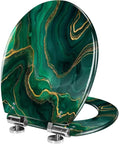 Elongated Resin Toilet Seat Cover for Bathroom with green and gold agate design, fits most standard toilets, measures 14.5" x 18.5".