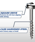Close-up view of a zinc pocket hole screw for woodworking with square drive and case-hardened steel.