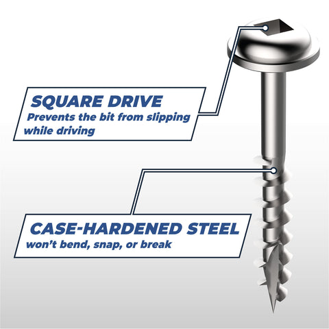 Close-up view of a zinc pocket hole screw for woodworking with square drive and case-hardened steel.