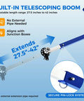 Telescoping boom arm of Drill Powered Wire Tugger for One-Man Job with 1000 lb peak pulling force, extends up to 42 inches.