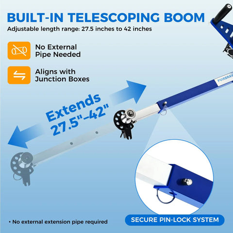 Telescoping boom arm of Drill Powered Wire Tugger for One-Man Job with 1000 lb peak pulling force, extends up to 42 inches.