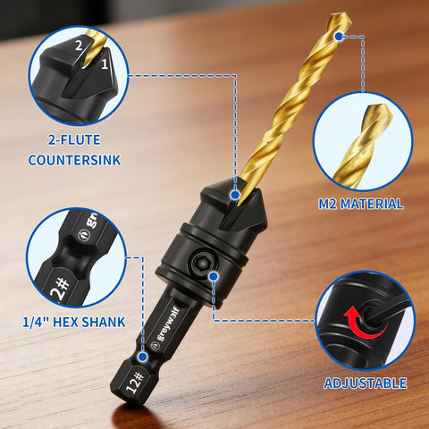 Top Shelf 16 Piece Adjustable Countersink Drill Bit Set Boasts A Hella Smooth Cut 3 In 1 Wood Screw Kit featuring 2-flute countersink and M2 steel.
