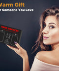 Woman holding 2 Pack Rechargeable Hand Warmers Portable Pocket Heaters For Men Women Kids Get Warm Fast Up To 131F box