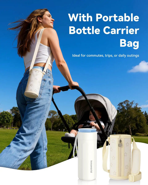 No Mess Hassle On The Fly Breast Milk Cooler with bottle carrier bag and stroller in a park setting. Compact and portable.