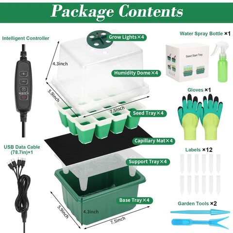 4 Pack Self Watering Seed Starter Trays With Grow Light Kit featuring humidity dome, silicone base, gloves, and tools.