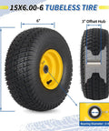 15x6.00-6 Lawn Mower Tires and Wheels 2 Pack Tubeless 4 Ply 3 Inch Offset Hub 3/4 Bearing Replacement for John Deere 100 300 Series