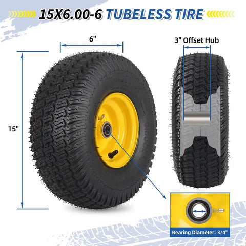 15x6.00-6 Lawn Mower Tires and Wheels 2 Pack Tubeless 4 Ply 3 Inch Offset Hub 3/4 Bearing Replacement for John Deere 100 300 Series