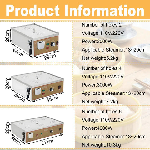 Product information for commercial steamer with two, four, or six holes, adjustable temperature, independent water supply.