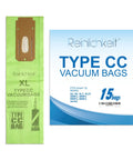 Fifteen Pack Type CC Vacuum Bags For Oreck XL Upright Vacuums Boss Level Filtration And Easy Fit Compatible With XL2 XL7 XL21 2000 3000 4000 8000 9000 Series Microcoated Replacement For Superior Clean packaging and green vacuum bag.