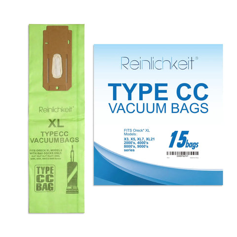 Fifteen Pack Type CC Vacuum Bags For Oreck XL Upright Vacuums Boss Level Filtration And Easy Fit Compatible With XL2 XL7 XL21 2000 3000 4000 8000 9000 Series Microcoated Replacement For Superior Clean packaging and green vacuum bag.