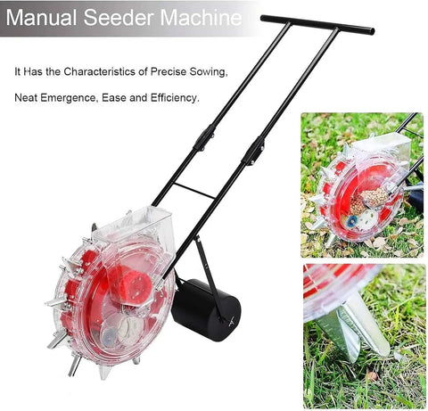 Manual Garden Seeder Hand Push With Precision Roller Seeding And Fertilizer Applicator, heavy duty iron beak.